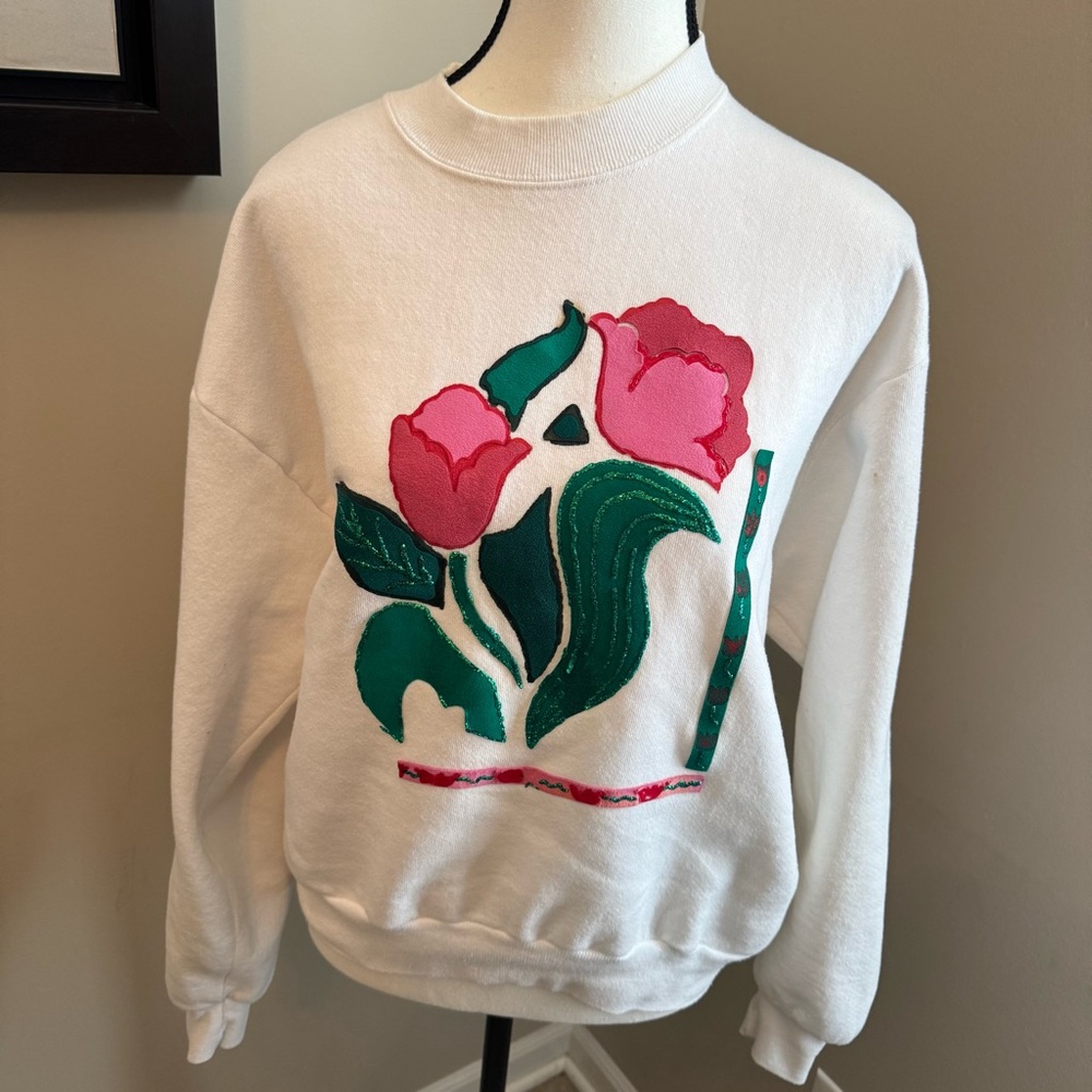 Jerzees Vintage Floral Appliqué Glitter Sweatshirt‎ USA Made Russell 80s 90s M